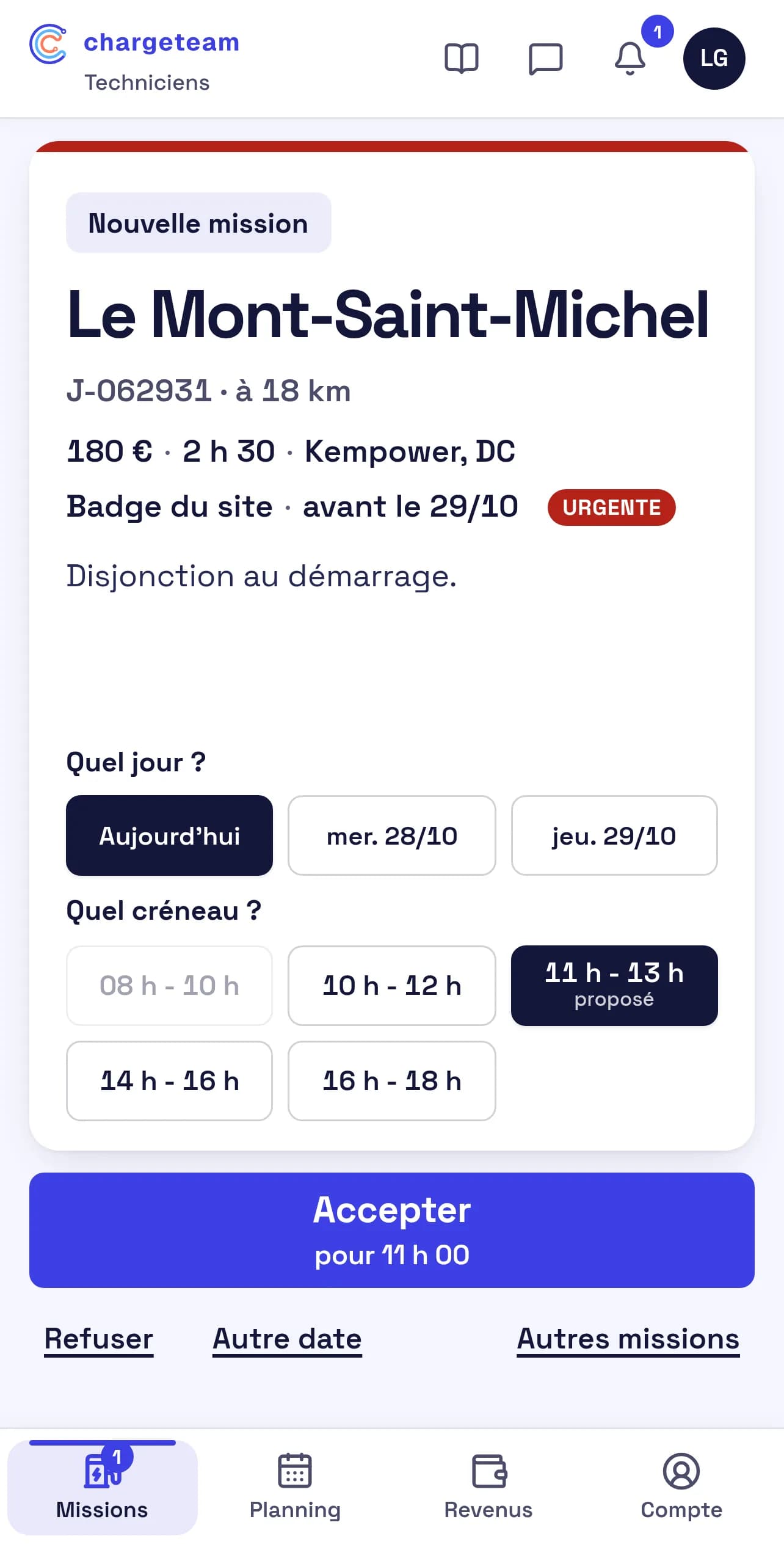 Écran de l’appli technicien : nouvelle mission, choix du jour et du créneau, bouton Accepter